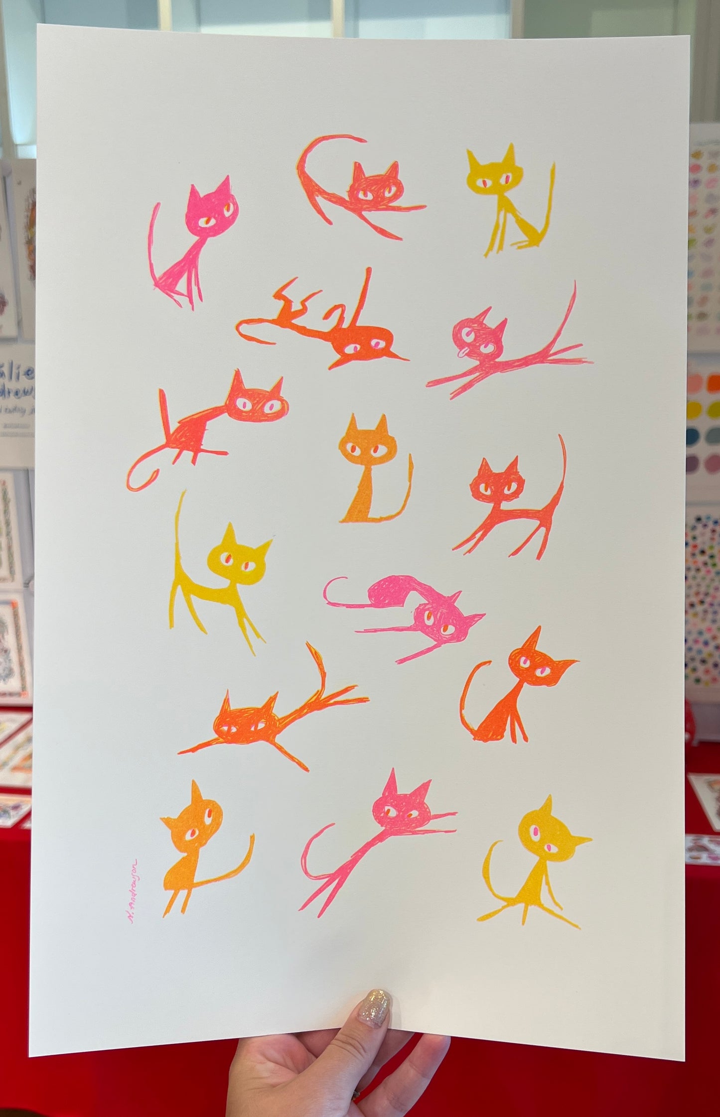 Pink Cats Large Riso Print