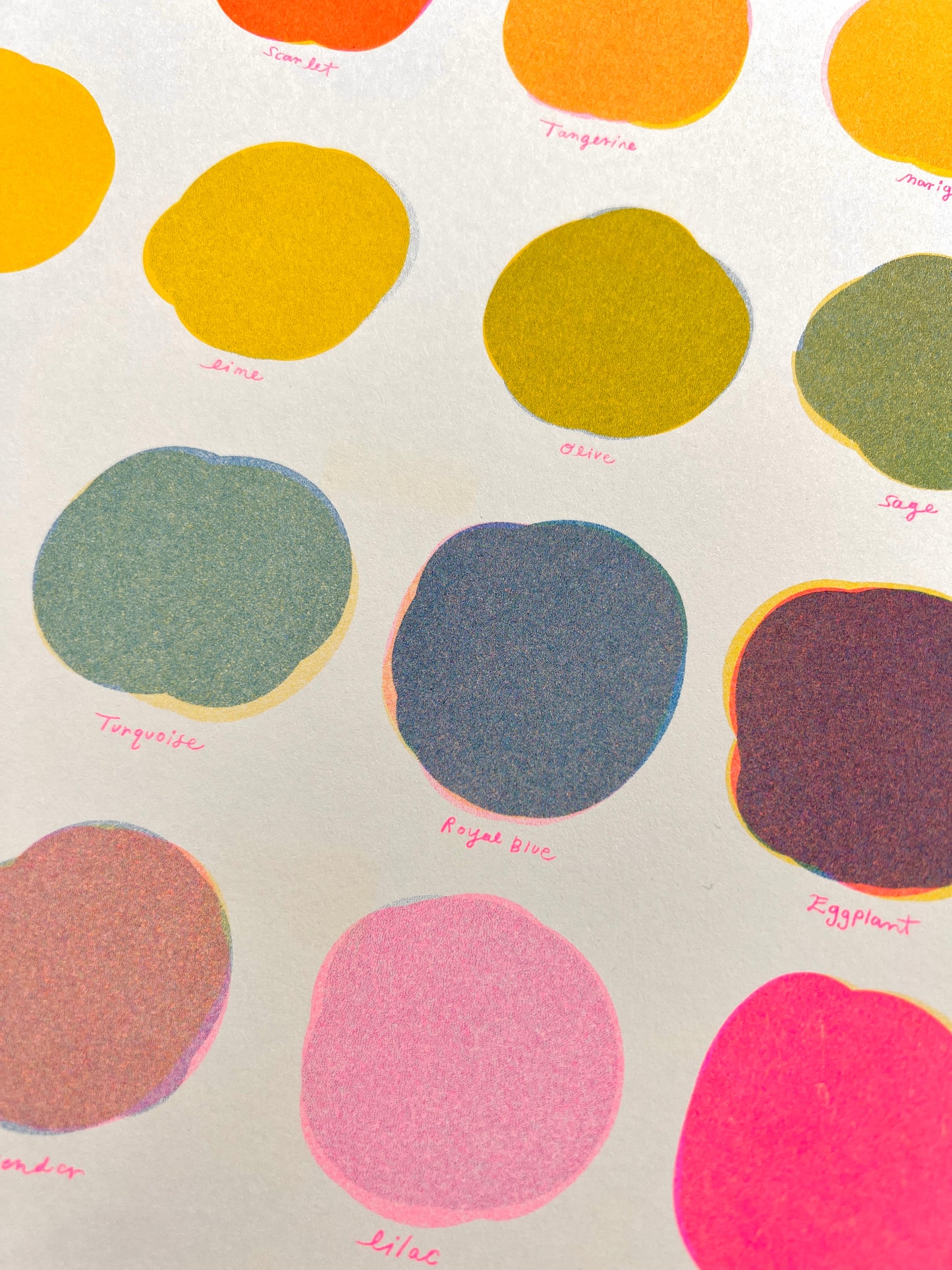 Riso Color Swatch in Blue, Yellow and Fluorescent Pink